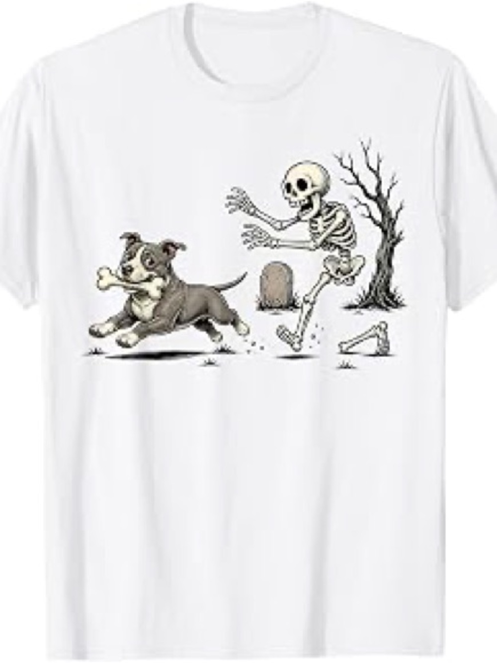 Gildan White Short-Sleeve Tee with Dog & Skeleton Graphic, Gift For Her, For Him
